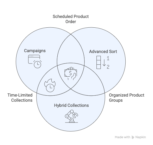 Planera overview showing Campaigns, Advanced Sort, and Hybrid Collections as three connected merchandising tools.